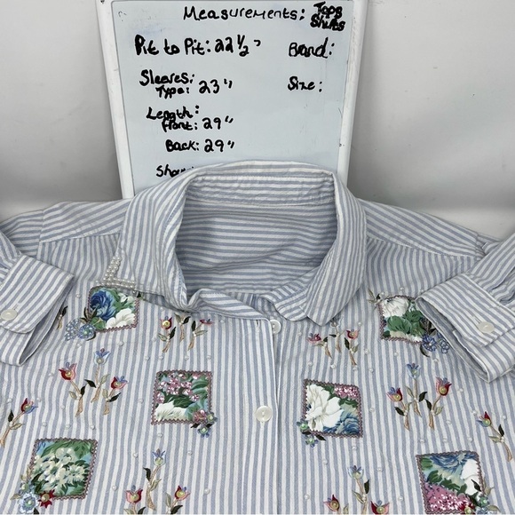 Floral Patchwork Pearl Embellished Cotton Long Sleeve Blouse Size 1X Striped - Picture 6 of 13
